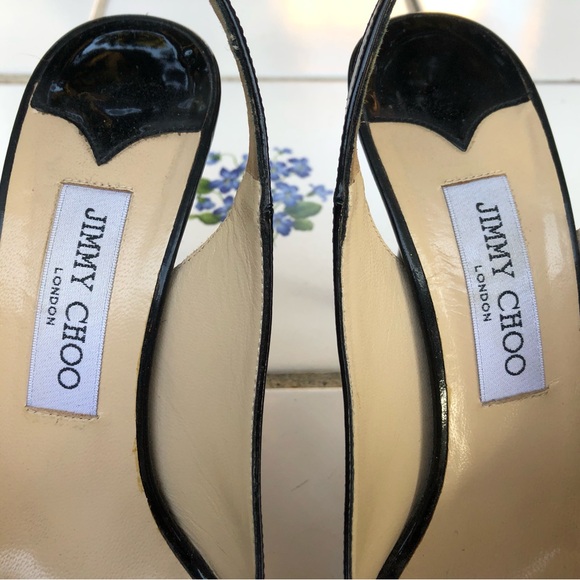 Jimmy Choo Size 39.5 9.5 Black Patent Leather Peep Toe Sling Back Heel Pumps - Picture 6 of 9
